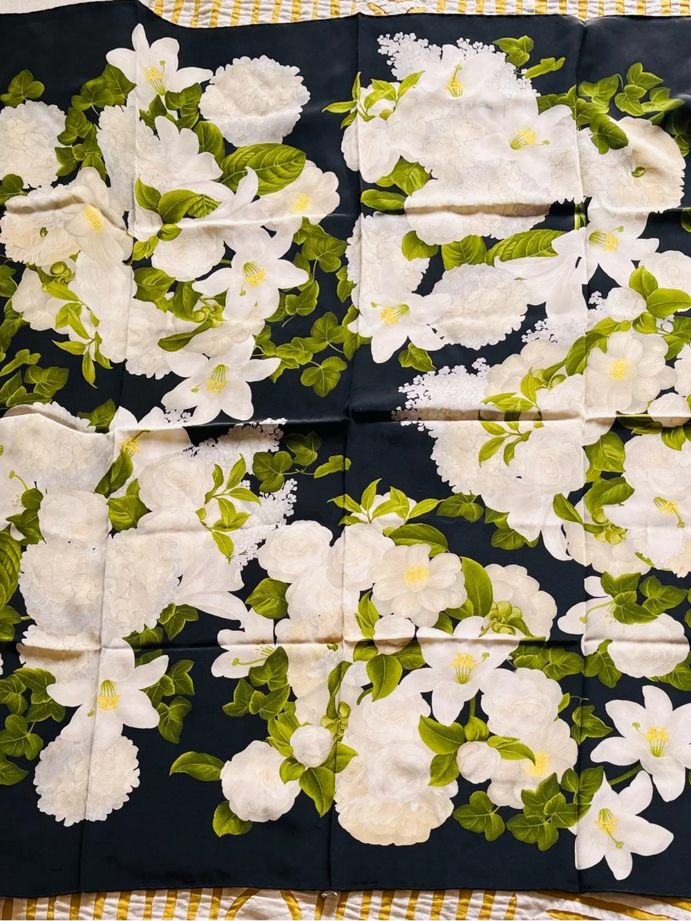 CHANEL Black 100% Silk Scarf with White Floral Motif 38” x 38”